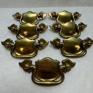 7 VTG Brass Bail Drawer Pulls 3 Inch Center Batwing Backplate Furniture Hardware